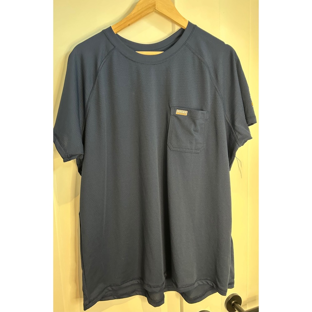 Ariat‎ Rebar Mens 2XL Navy Blue Short Sleeve Mesh Work Shirt Pocket Tee Logo